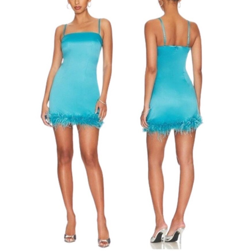 Revolve Blue Satin Feather Mini Dress Small Party Cocktail Carrie Bradshaw